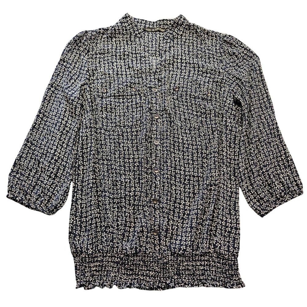 Zac & Rachel Navy Blue White Star Print Smocked Hem 3/4 Sleeve Blouse Top